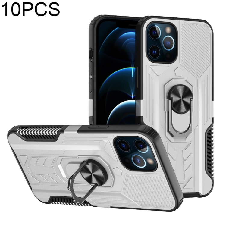 

10 PCS Shield Armor PC+TPU Protective Case with 360 Degree Rotation Ring Holder For iPhone 12 Pro Max(Silver)