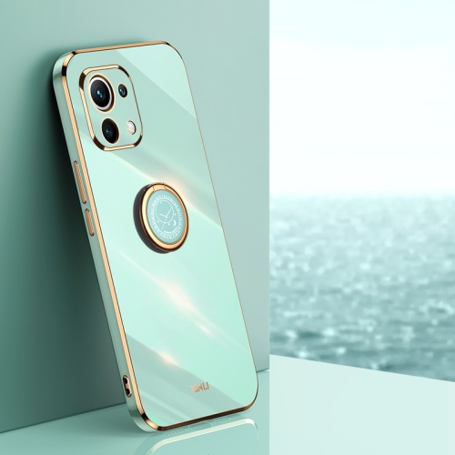 

For Xiaomi Mi 11 XINLI Straight 6D Plating Gold Edge TPU Shockproof Case with Ring Holder(Mint Green)