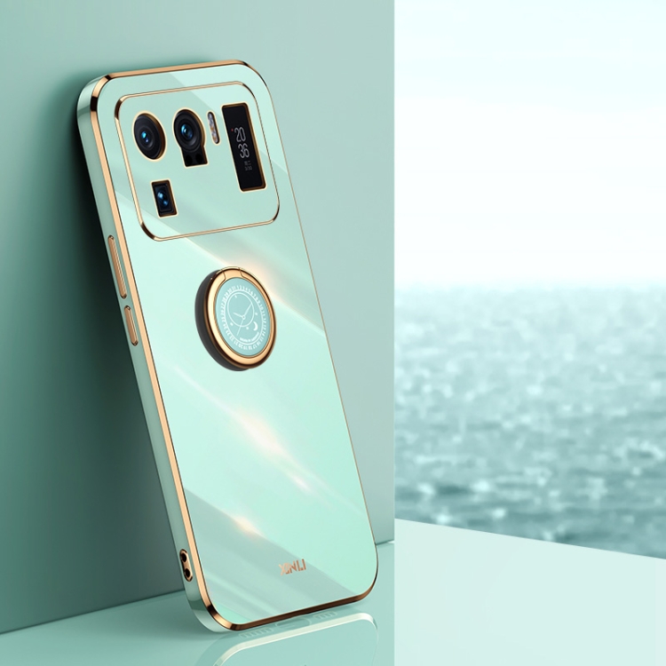 

For Xiaomi Mi 11 Ultra XINLI Straight 6D Plating Gold Edge TPU Shockproof Case with Ring Holder(Mint Green)