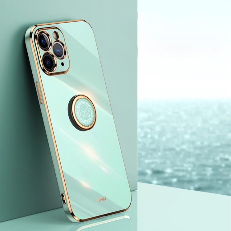 

XINLI Straight 6D Plating Gold Edge TPU Shockproof Case with Ring Holder For iPhone 11 Pro(Mint Green)