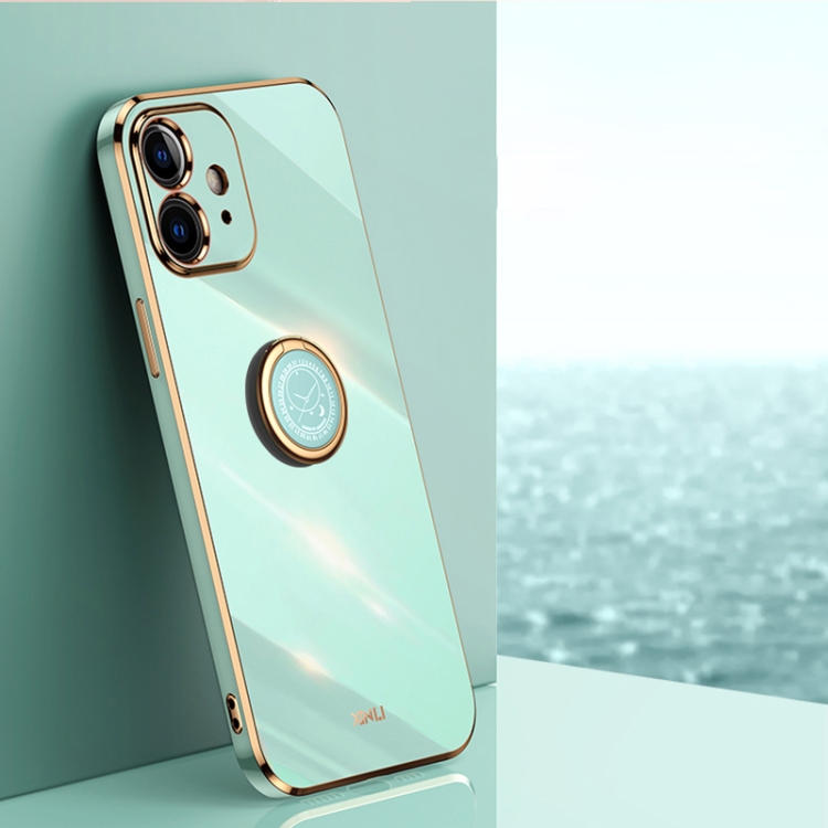 

XINLI Straight 6D Plating Gold Edge TPU Shockproof Case with Ring Holder For iPhone 12(Mint Green)