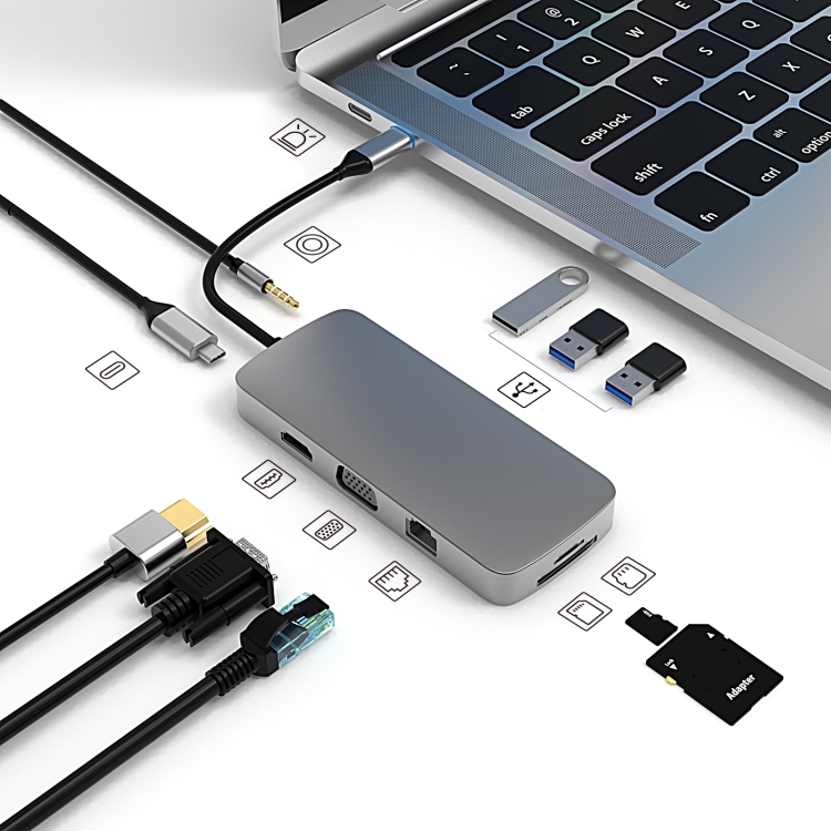 Basix BL10V 10 in 1 USB-C / Type-C to RJ45 + VGA + HDMI + 3.5mm AUX + SD / TF Card Slot + PD USB-C / Type-C + USB 3.0 + 2 USB 2.0 Ports Docking Station HUB