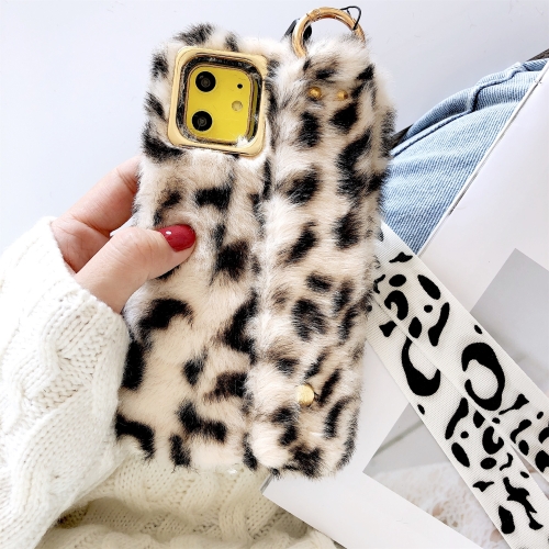 

For iPhone 11 Plush Phone Protect Case with Wrist Strap Sling(Beige Leopard)