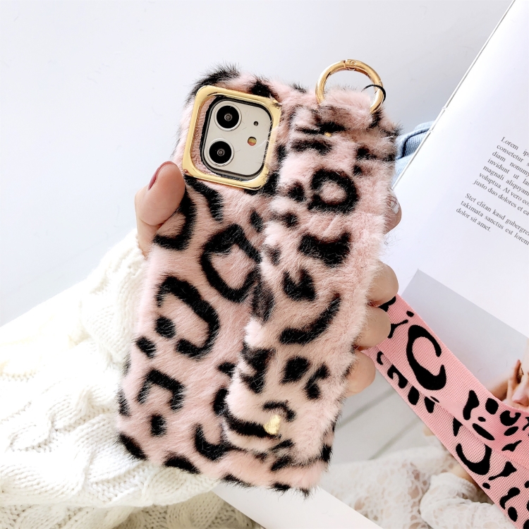 

For iPhone 11 Pro Plush Phone Protect Case with Wrist Strap Sling(Pink Leopard)