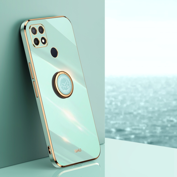 

For OPPO A15 XINLI Straight 6D Plating Gold Edge TPU Shockproof Case with Ring Holder(Mint Green)