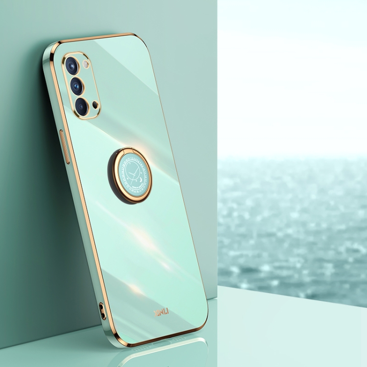 

For OPPO Reno4 XINLI Straight 6D Plating Gold Edge TPU Shockproof Case with Ring Holder(Mint Green)
