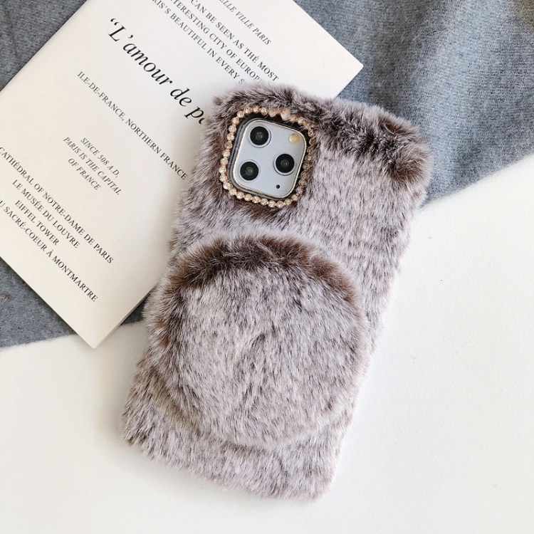

For iPhone 11 Pro Max Plush Phone Protect Case with Mirror(Brown)