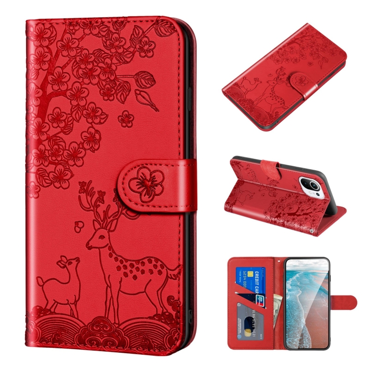 

For Xiaomi Mi 11 Sika Deer Embossing Pattern Horizontal Flip PU Leather Case with Holder & Card Slot & Wallet & Photo Frame(Red)