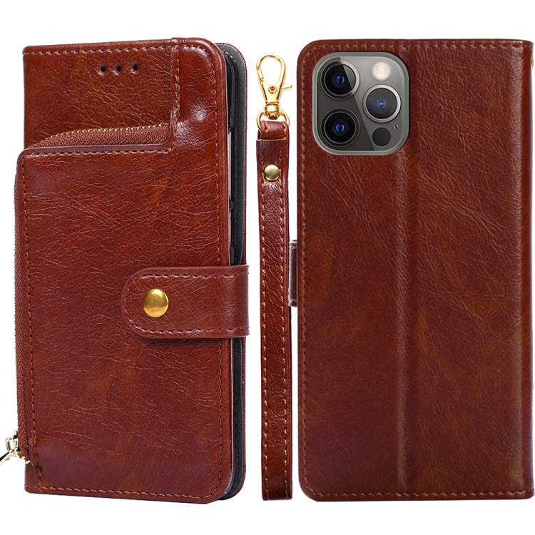 

Zipper Bag PU + TPU Horizontal Flip Leather Case with Holder & Card Slot & Wallet & Lanyard For iPhone 12 Pro / 12(Brown)