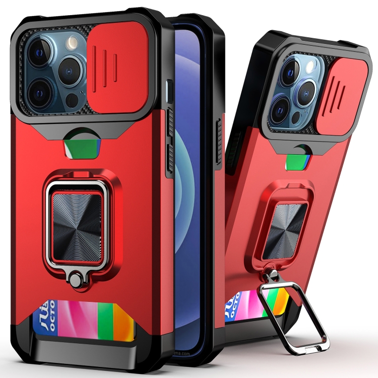 

Sliding Camera Cover Design PC + TPU Shockproof Case with Ring Holder & Card Slot For iPhone 13 Pro(Red)