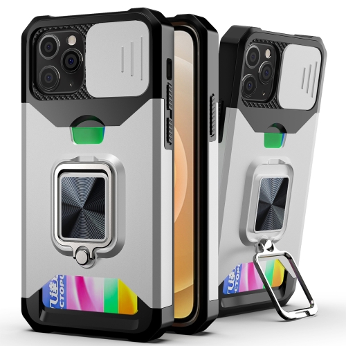 

Sliding Camera Cover Design PC + TPU Shockproof Case with Ring Holder & Card Slot For iPhone 12 / 12 Pro(Silver)
