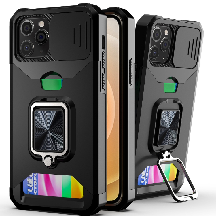

Sliding Camera Cover Design PC + TPU Shockproof Case with Ring Holder & Card Slot For iPhone 12 Pro Max(Black)