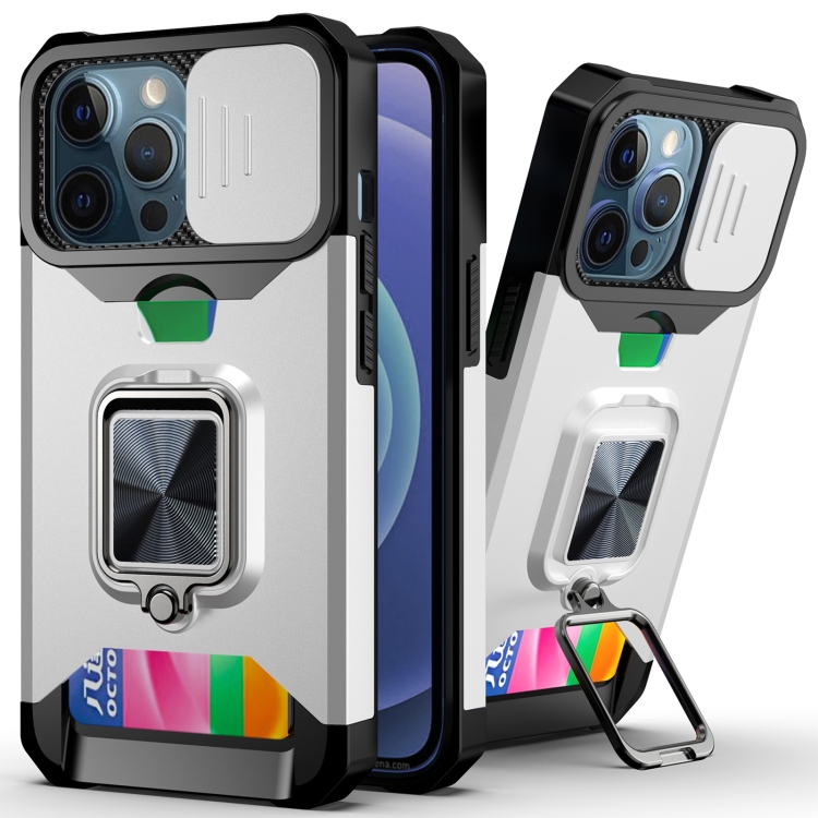 

Sliding Camera Cover Design PC + TPU Shockproof Case with Ring Holder & Card Slot For iPhone 13 Pro Max(Silver)