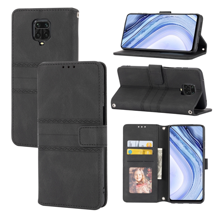 

For Xiaomi Redmi Note 9 Pro Max Embossed Striped Magnetic Buckle PU + TPU Horizontal Flip Leather Case with Holder & Card Slot & Wallet & Photo Frame & Sling(Black)