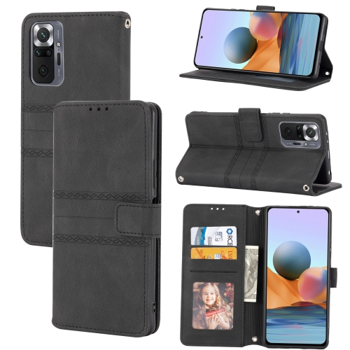 

For Xiaomi Redmi Note 10 Pro 5G Embossed Striped Magnetic Buckle PU + TPU Horizontal Flip Leather Case with Holder & Card Slot & Wallet & Photo Frame & Sling(Black)