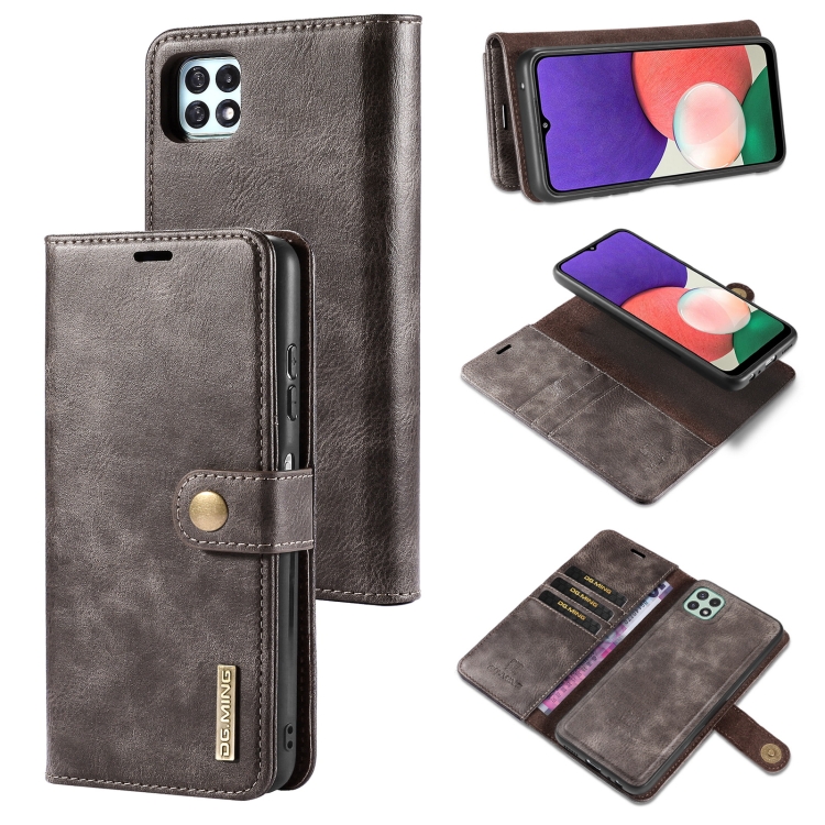 

For Samsung Galaxy A22 5G DG.MING Crazy Horse Texture Flip Detachable Magnetic Leather Case with Holder & Card Slots & Wallet(Grey)