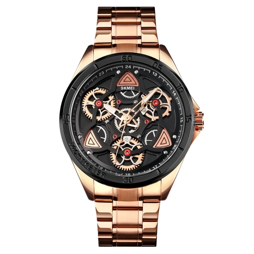 

SKMEI 1678 Men Waterproof Quartz Watch with Rotatable Gear Dial(Rose Gold Shell Black Surface)