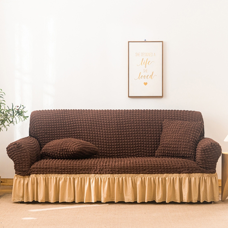 

Living Room Stretch Full Coverage Skirt Style Sofa Cover, Size: Double M 145-185cm(Middle Coffee Beige)