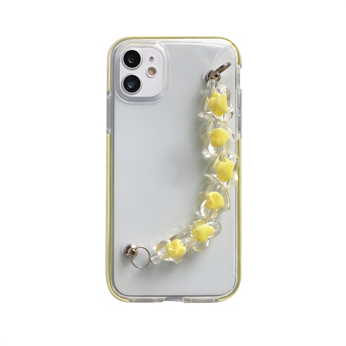 

Dual-color PC+TPU Shockproof Case with Heart Beads Wrist Bracelet Chain For iPhone 11(Yellow)