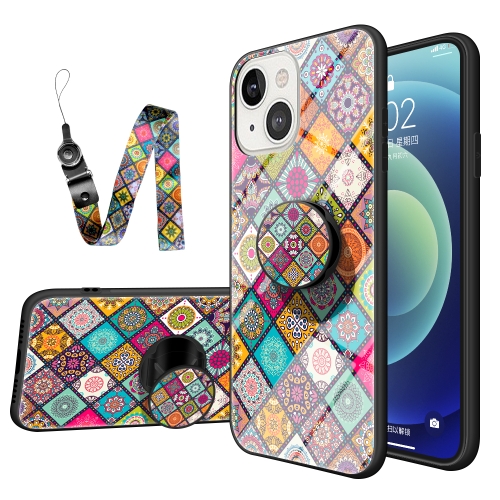 

Painted Ethnic Pattern Tempered Glass + TPU Shockproof Case with Folding Magnetic Holder & Neck Strap For iPhone 13 mini(Checkered)