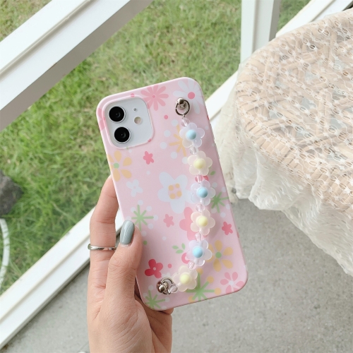 

Flower Pattern TPU Shockproof Protective Case with Flower Beads Wrist Bracelet Chain For iPhone 11(Pink)