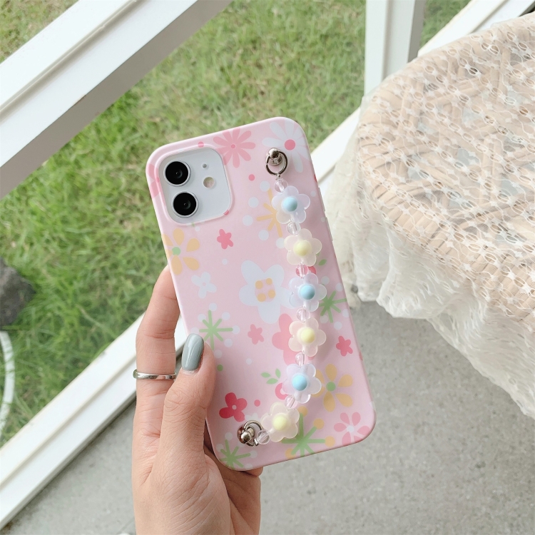 

Flower Pattern TPU Shockproof Protective Case with Flower Beads Wrist Bracelet Chain For iPhone 11 Pro(Pink)