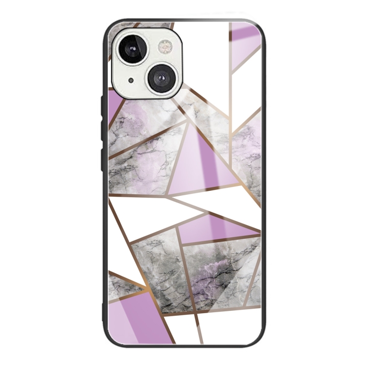 

Abstract Marble Pattern Glass Protective Case For iPhone 13 Mini(Rhombus Gray Purple)
