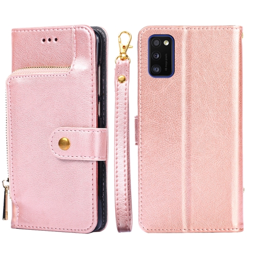 

For Samsung Galaxy A41 EU Version Zipper Bag PU + TPU Horizontal Flip Leather Case with Holder & Card Slot & Wallet & Lanyard(Rose Gold)
