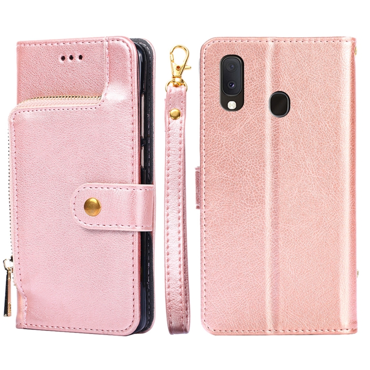 

For Samsung Galaxy A20e Zipper Bag PU + TPU Horizontal Flip Leather Case with Holder & Card Slot & Wallet & Lanyard(Rose Gold)
