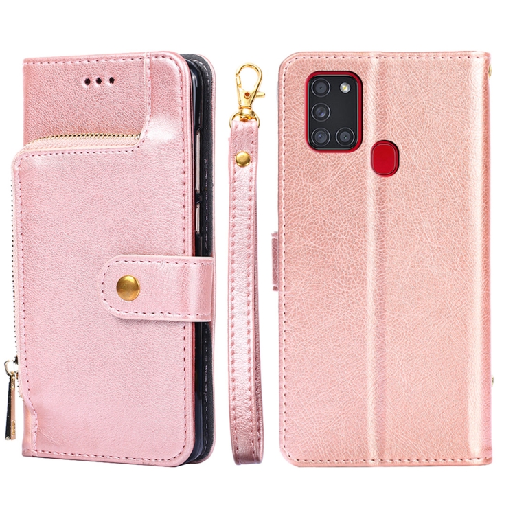 

For Samsung Galaxy A21s Zipper Bag PU + TPU Horizontal Flip Leather Case with Holder & Card Slot & Wallet & Lanyard(Rose Gold)