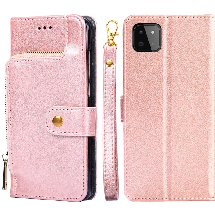 

For Samsung Galaxy A22 4G Zipper Bag PU + TPU Horizontal Flip Leather Case with Holder & Card Slot & Wallet & Lanyard(Rose Gold)