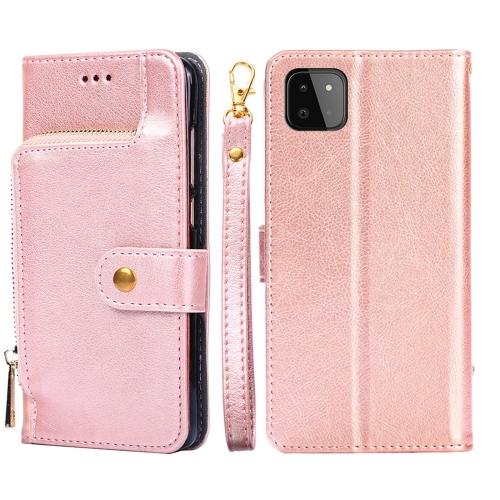 

For Samsung Galaxy A22 5G Zipper Bag PU + TPU Horizontal Flip Leather Case with Holder & Card Slot & Wallet & Lanyard(Rose Gold)