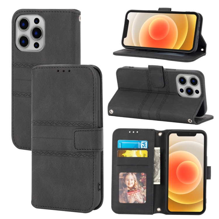 

Embossed Striped Magnetic Buckle PU + TPU Horizontal Flip Leather Case with Holder & Card Slot & Wallet & Photo Frame & Sling For iPhone 12 Pro Max(Black)