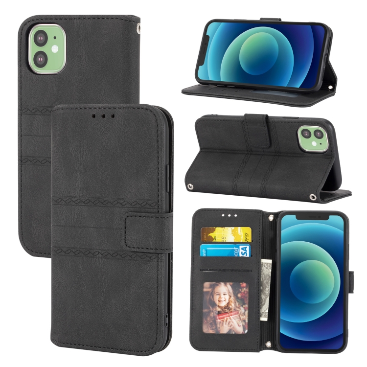 

Embossed Striped Magnetic Buckle PU + TPU Horizontal Flip Leather Case with Holder & Card Slot & Wallet & Photo Frame & Sling For iPhone 11(Black)