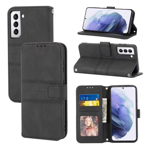 

For Samsung Galaxy S21 5G Embossed Striped Magnetic Buckle PU + TPU Horizontal Flip Leather Case with Holder & Card Slot & Wallet & Photo Frame & Sling(Black)