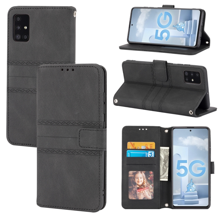 

For Samsung Galaxy A51 Embossed Striped Magnetic Buckle PU + TPU Horizontal Flip Leather Case with Holder & Card Slot & Wallet & Photo Frame & Sling(Black)