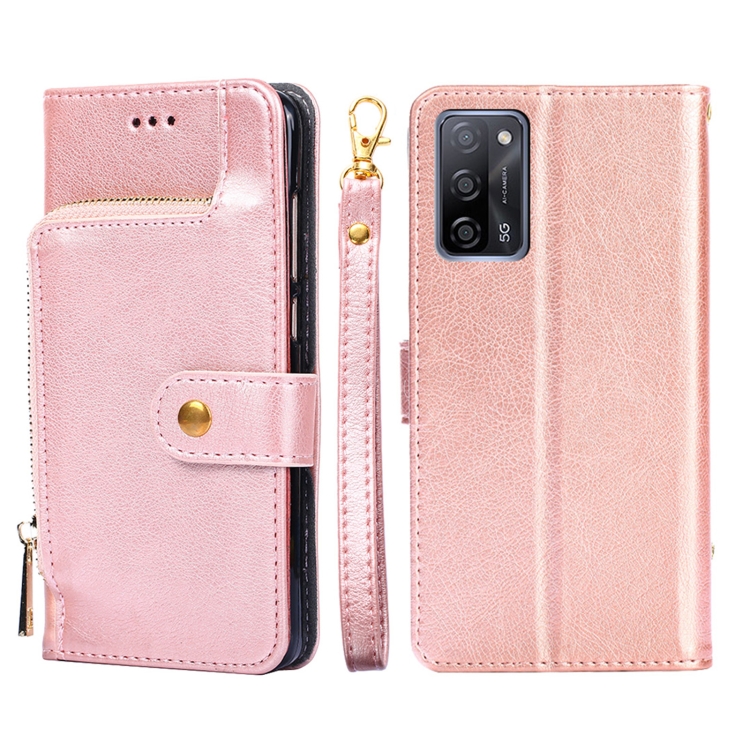 

For OPPO A55 5G Zipper Bag PU + TPU Horizontal Flip Leather Case with Holder & Card Slot & Wallet & Lanyard(Rose Gold)