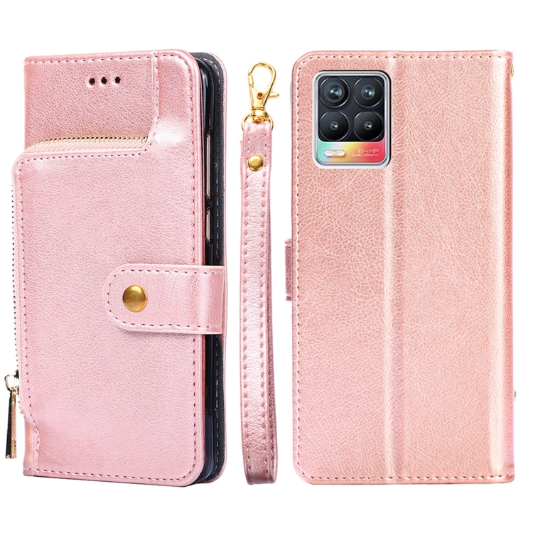 

For Realme 8 / 8 Pro Zipper Bag PU + TPU Horizontal Flip Leather Case with Holder & Card Slot & Wallet & Lanyard(Rose Gold)