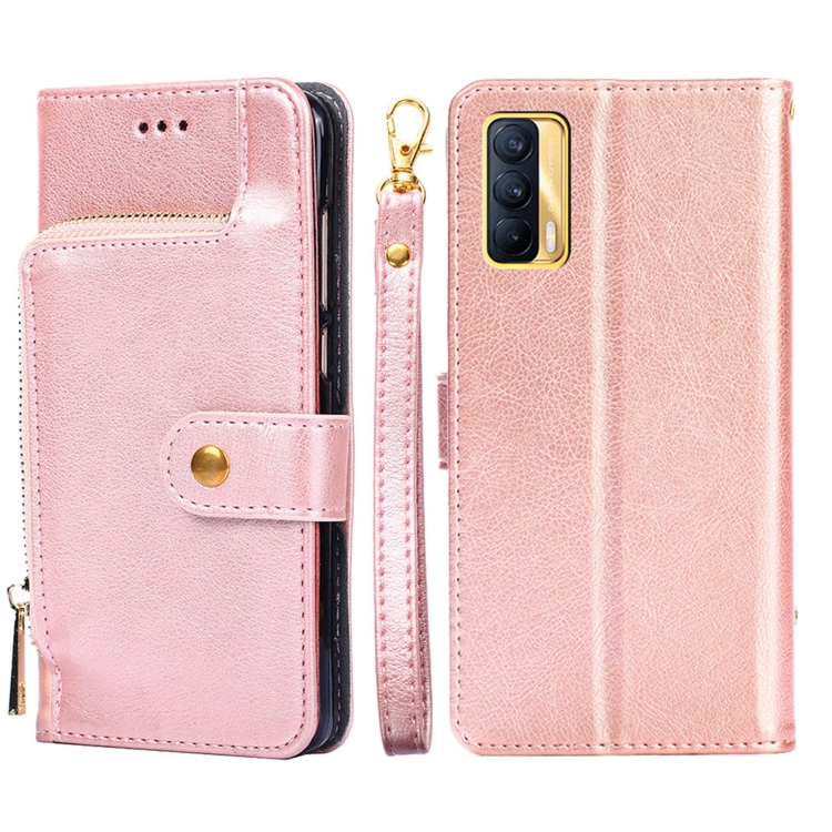 

For Realme V15 5G Zipper Bag PU + TPU Horizontal Flip Leather Case with Holder & Card Slot & Wallet & Lanyard(Rose Gold)