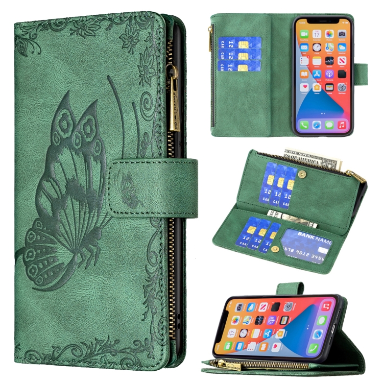 

Flying Butterfly Embossing Pattern Zipper Horizontal Flip Leather Case with Holder & Card Slots & Wallet For iPhone 13 mini(Green)