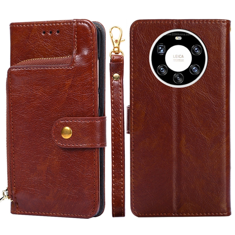 

For Huawei Mate 40 Pro+ Zipper Bag PU + TPU Horizontal Flip Leather Case with Holder & Card Slot & Wallet & Lanyard(Brown)