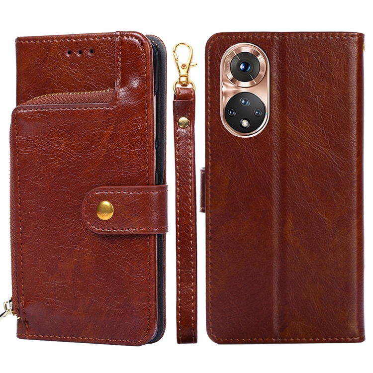 

For Honor 50 Pro Zipper Bag PU + TPU Horizontal Flip Leather Case with Holder & Card Slot & Wallet & Lanyard(Brown)