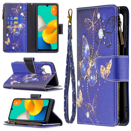 

For Samsung Galaxy M32 Colored Drawing Pattern Zipper Horizontal Flip Leather Case with Holder & Card Slots & Wallet(Purple Butterfly)