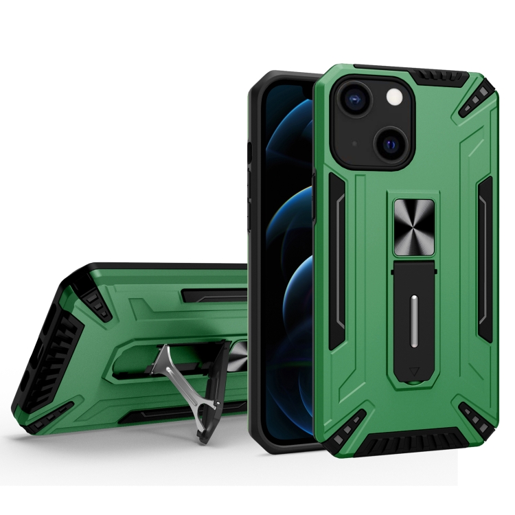 

War-god Armor TPU + PC Shockproof Magnetic Protective Case with Folding Holder For iPhone 13 mini(Dark Green)