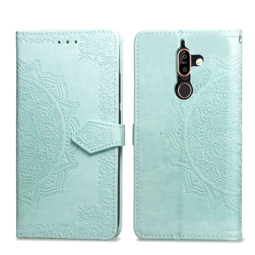 

For Nokia 7 Plus Halfway Mandala Embossing Pattern Horizontal Flip Leather Case with Holder & Card Slots & Wallet & Lanyard(Green)