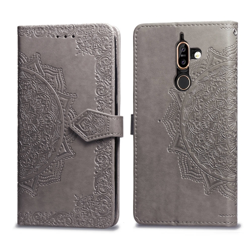 

For Nokia 7 Plus Halfway Mandala Embossing Pattern Horizontal Flip Leather Case with Holder & Card Slots & Wallet & Lanyard(Grey)