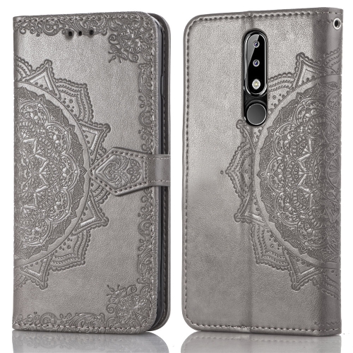 

For Nokia 5.1 Plus Halfway Mandala Embossing Pattern Horizontal Flip Leather Case with Holder & Card Slots & Wallet & Lanyard(Grey)