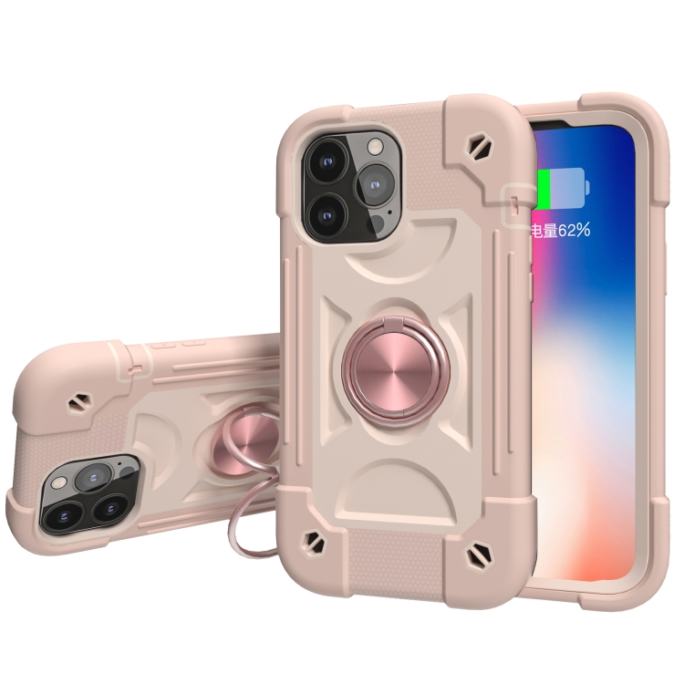 

Shockproof Silicone + PC Protective Case with Dual-Ring Holder For iPhone 13 mini(Rose Gold)