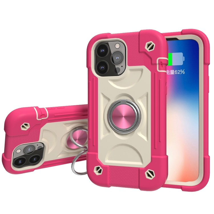 

Shockproof Silicone + PC Protective Case with Dual-Ring Holder For iPhone 13 mini(Rose Red)
