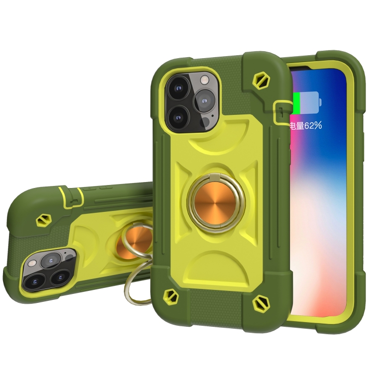 

Shockproof Silicone + PC Protective Case with Dual-Ring Holder For iPhone 13 mini(Avocado)